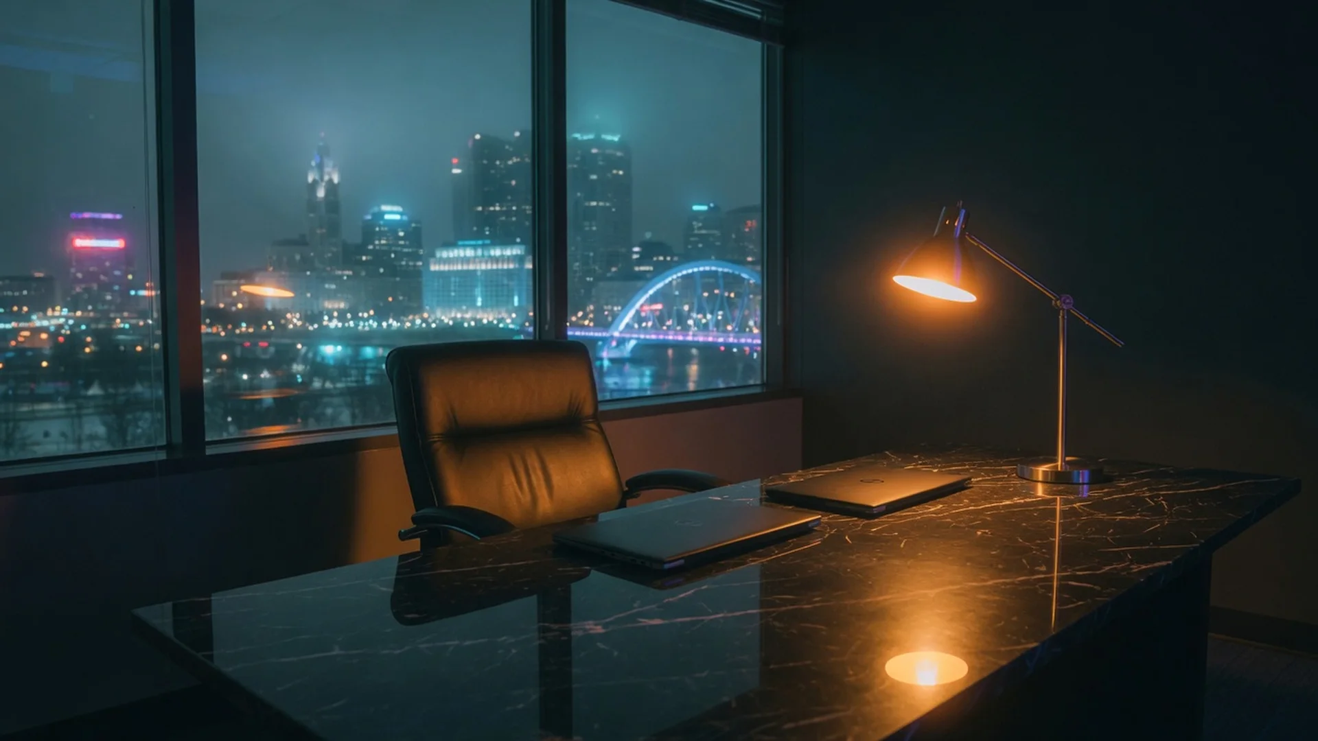 EKT Entertainment office at night overlooking the Columbus skyline